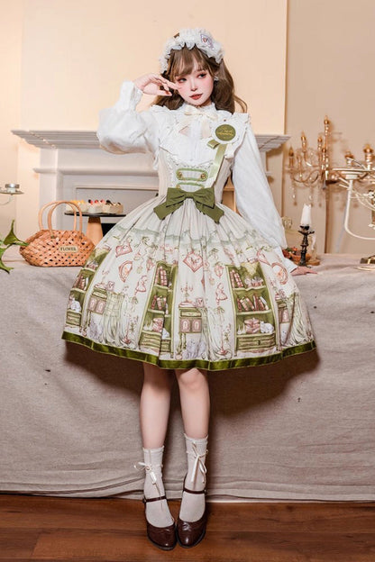 Lolita JSK Dress - Ai Luo Book House Print Chest, Green, Bow Detail, Printed, Sweet Style - additional product view 2