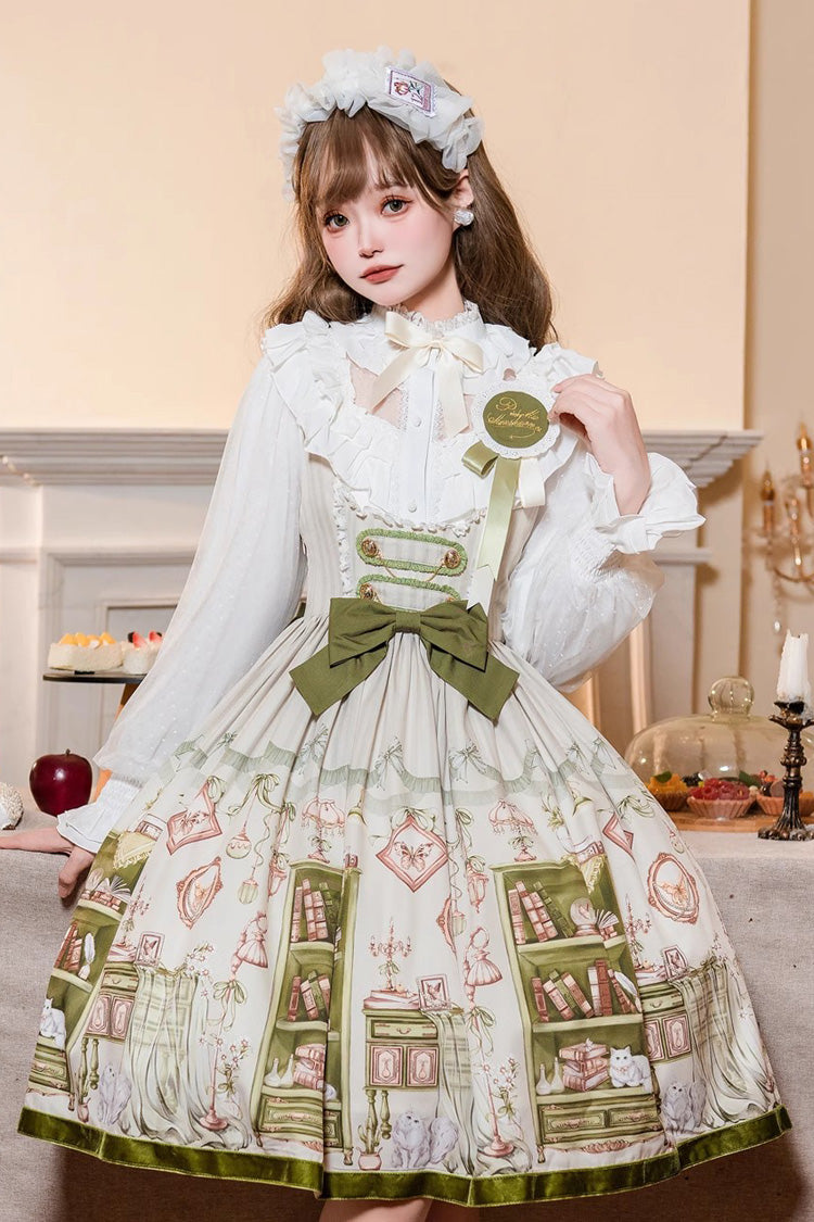 Lolita JSK Dress - Ai Luo Book House Print Chest, Green, Bow Detail, Printed, Sweet Style - additional product view 3