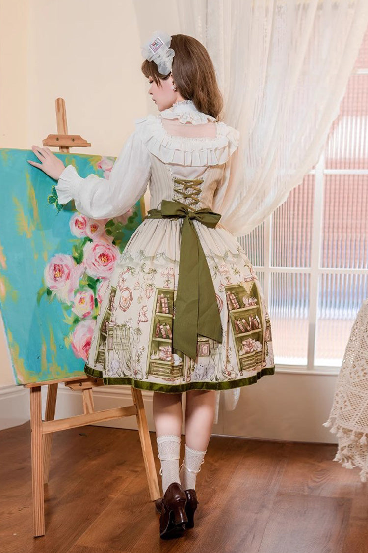 Lolita JSK Dress - Ai Luo Book House Print Chest, Green, Bow Detail, Printed, Sweet Style - additional product view 4