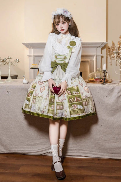 Lolita JSK Dress - Ai Luo Book House Print Chest, Green, Bow Detail, Printed, Sweet Style - additional product view 6