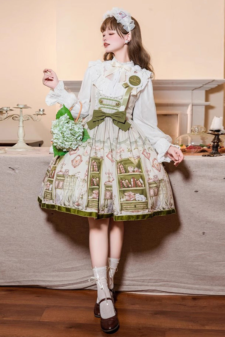 Lolita JSK Dress - Ai Luo Book House Print Chest, Green, Bow Detail, Printed, Sweet Style - main product image