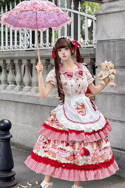 Lolita JSK Dress - Bear Strawberry Ode, Red, Bow Detail, Ruffled, Printed - additional product view 2