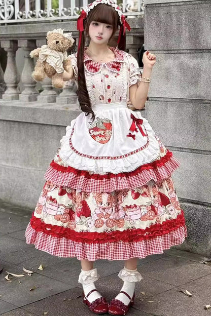 Lolita JSK Dress - Bear Strawberry Ode, Red, Bow Detail, Ruffled, Printed - additional product view 3