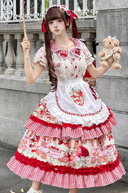 Lolita JSK Dress - Bear Strawberry Ode, Red, Bow Detail, Ruffled, Printed - additional product view 4