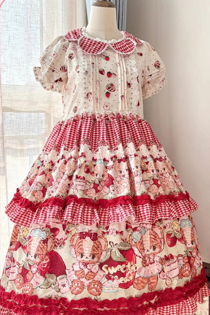 Lolita JSK Dress - Bear Strawberry Ode, Red, Bow Detail, Ruffled, Printed - additional product view 6