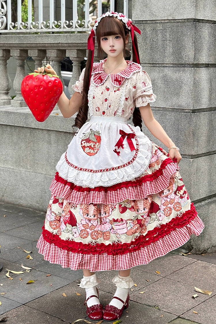 Lolita JSK Dress - Bear Strawberry Ode, Red, Bow Detail, Ruffled, Printed - main product image