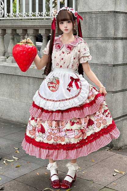 Lolita JSK Dress - Bear Strawberry Ode, Red, Bow Detail, Ruffled, Printed - main product image