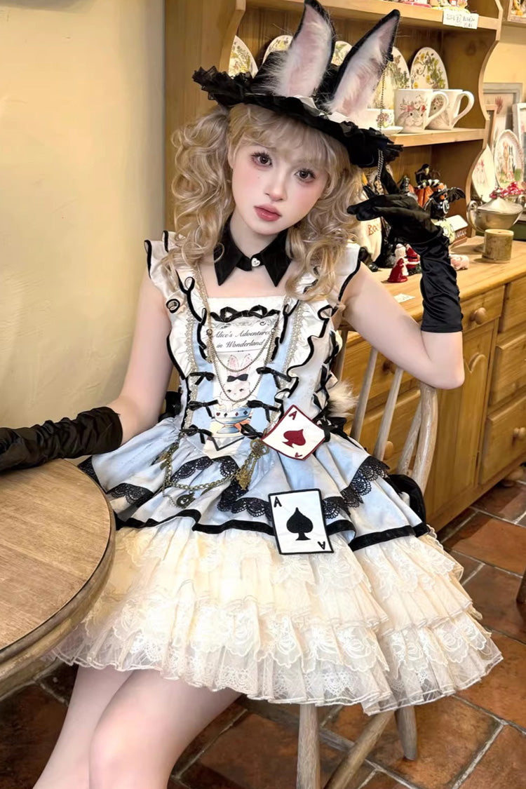 Lolita JSK Dress - Binky Bunny Magic, 2 Colors, Square Collar, Lace Trim, Ruffled - S Blue / M Blue / L Blue option
