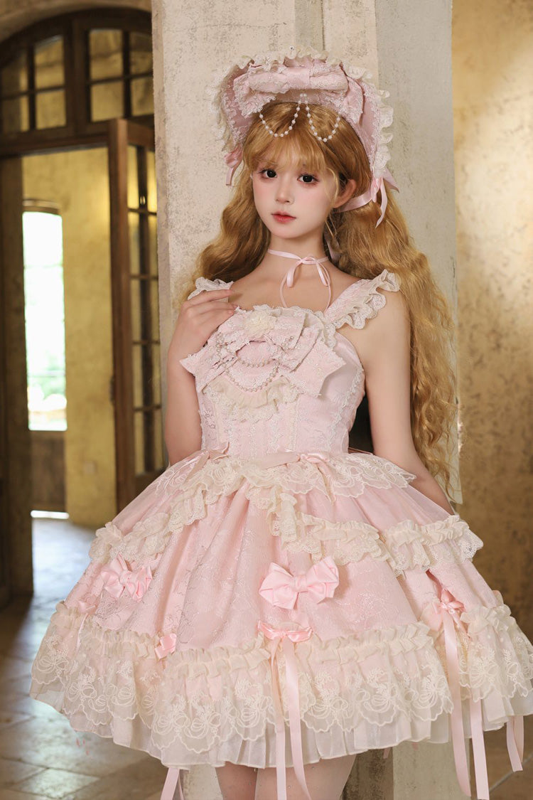 Lolita JSK Dress - Blossoming Heart Love, Pink, Bow Detail, Lace Trim, Printed - main product image