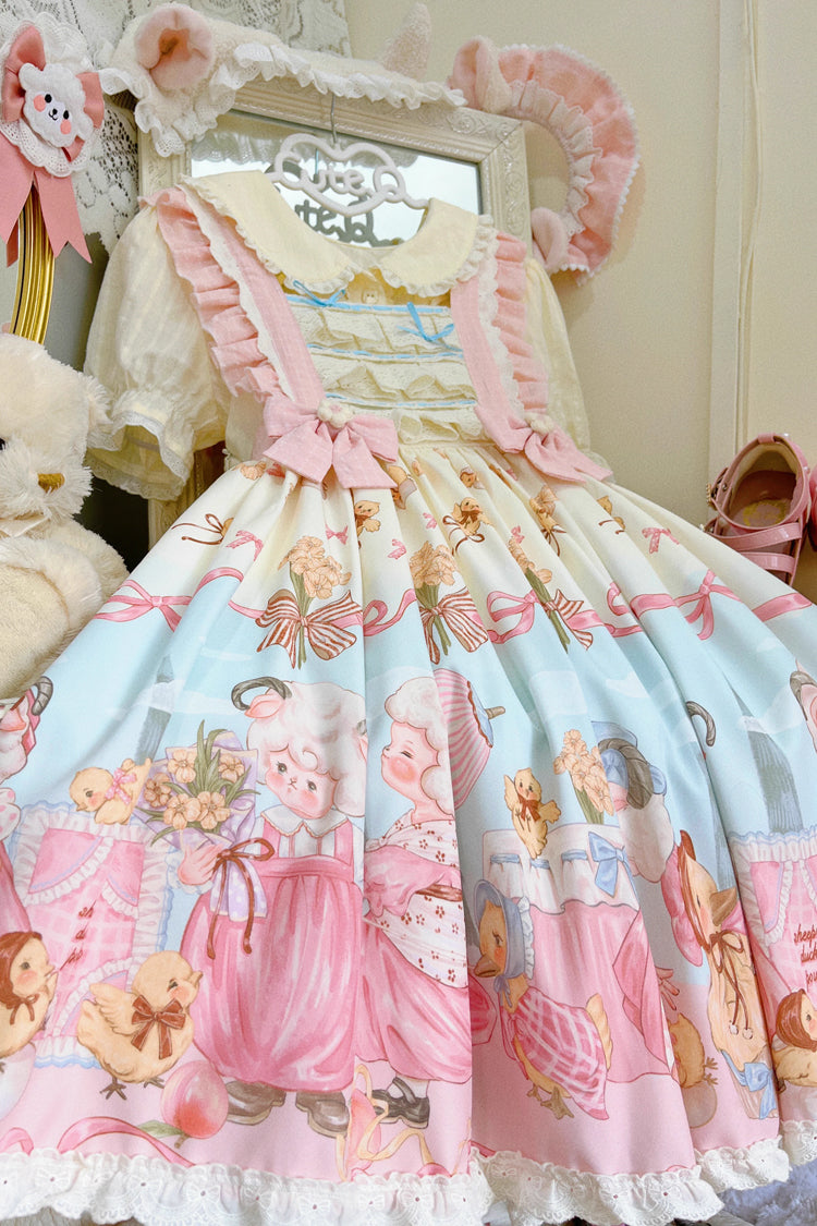 Lolita JSK Dress - Blue/pink Sheep Waltz Print, 2 Colors, Lace Trim, Ruffled, Printed - additional product view 2