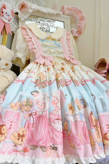 Lolita JSK Dress - Blue/pink Sheep Waltz Print, 2 Colors, Lace Trim, Ruffled, Printed - additional product view 2