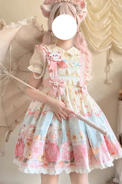 Lolita JSK Dress - Blue/pink Sheep Waltz Print, 2 Colors, Lace Trim, Ruffled, Printed - additional product view 3