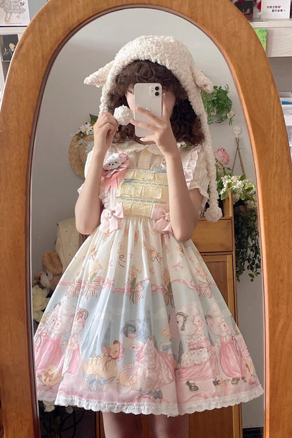 Lolita JSK Dress - Blue/pink Sheep Waltz Print, 2 Colors, Lace Trim, Ruffled, Printed - additional product view 4