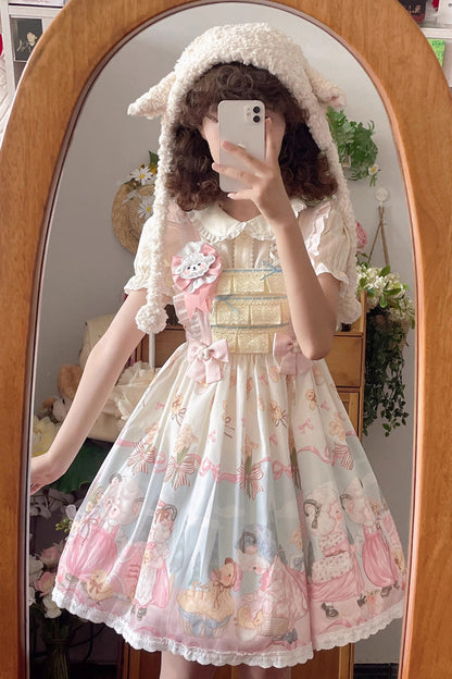 Lolita JSK Dress - Blue/pink Sheep Waltz Print, 2 Colors, Lace Trim, Ruffled, Printed - additional product view 5