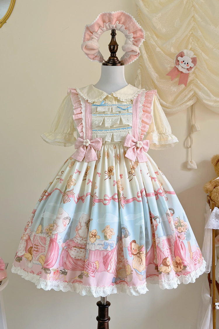 Lolita JSK Dress - Blue/pink Sheep Waltz Print, 2 Colors, Lace Trim, Ruffled, Printed - main product image