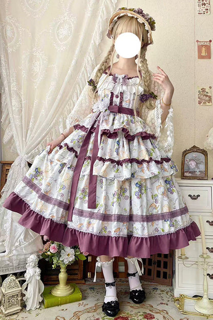 Lolita JSK Dress - Blueberry Early Summer, 2 Colors, Ruffled, Printed, Layered - main product image