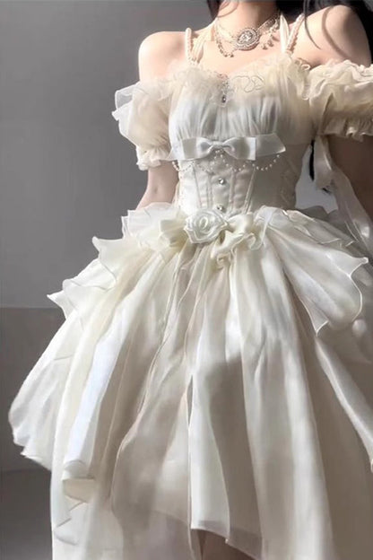 Lolita JSK Dress - Bowknot Irregular Princess, Ivory, Sweet Style, Bow Detail - additional product view 5