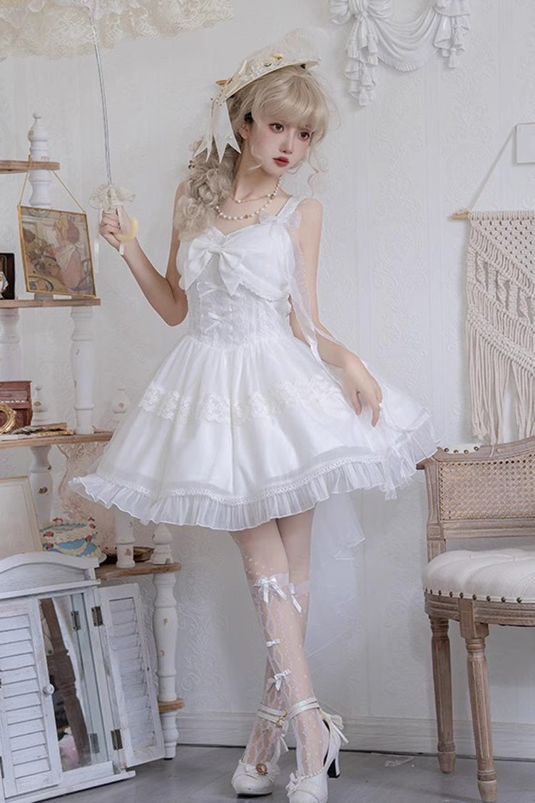 Lolita JSK Dress - Bright Moonlight, White, Lace Trim, Ruffled, Lace-Up - additional product view 4