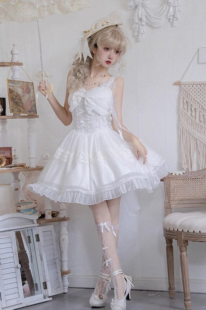 Lolita JSK Dress - Bright Moonlight, White, Lace Trim, Ruffled, Lace-Up - additional product view 4
