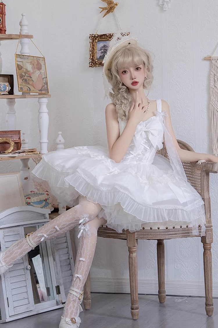 Lolita JSK Dress - Bright Moonlight, White, Lace Trim, Ruffled, Lace-Up - additional product view 5