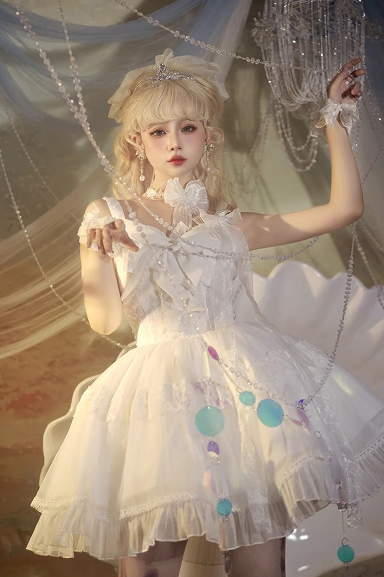 Lolita JSK Dress - Bright Moonlight, White, Lace Trim, Ruffled, Lace-Up - additional product view 6