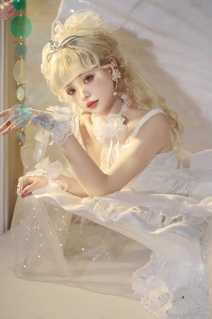 Lolita JSK Dress - Bright Moonlight, White, Lace Trim, Ruffled, Lace-Up - additional product view 7