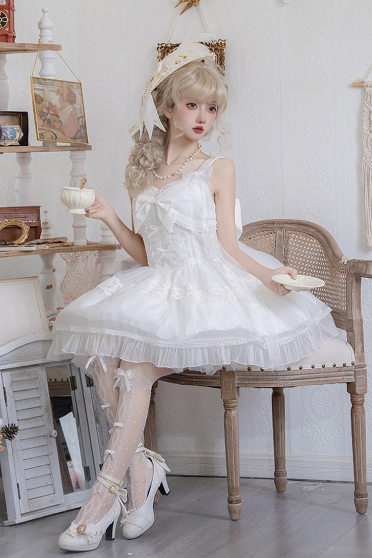 Lolita JSK Dress - Bright Moonlight, White, Lace Trim, Ruffled, Lace-Up - main product image