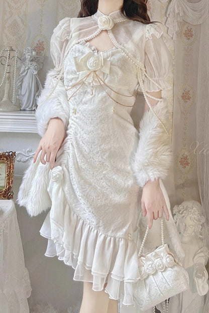 Lolita JSK Dress - Camellia 2.0, White, Fishtail Silhouette, Ruffled, Sweet Style - additional product view 3