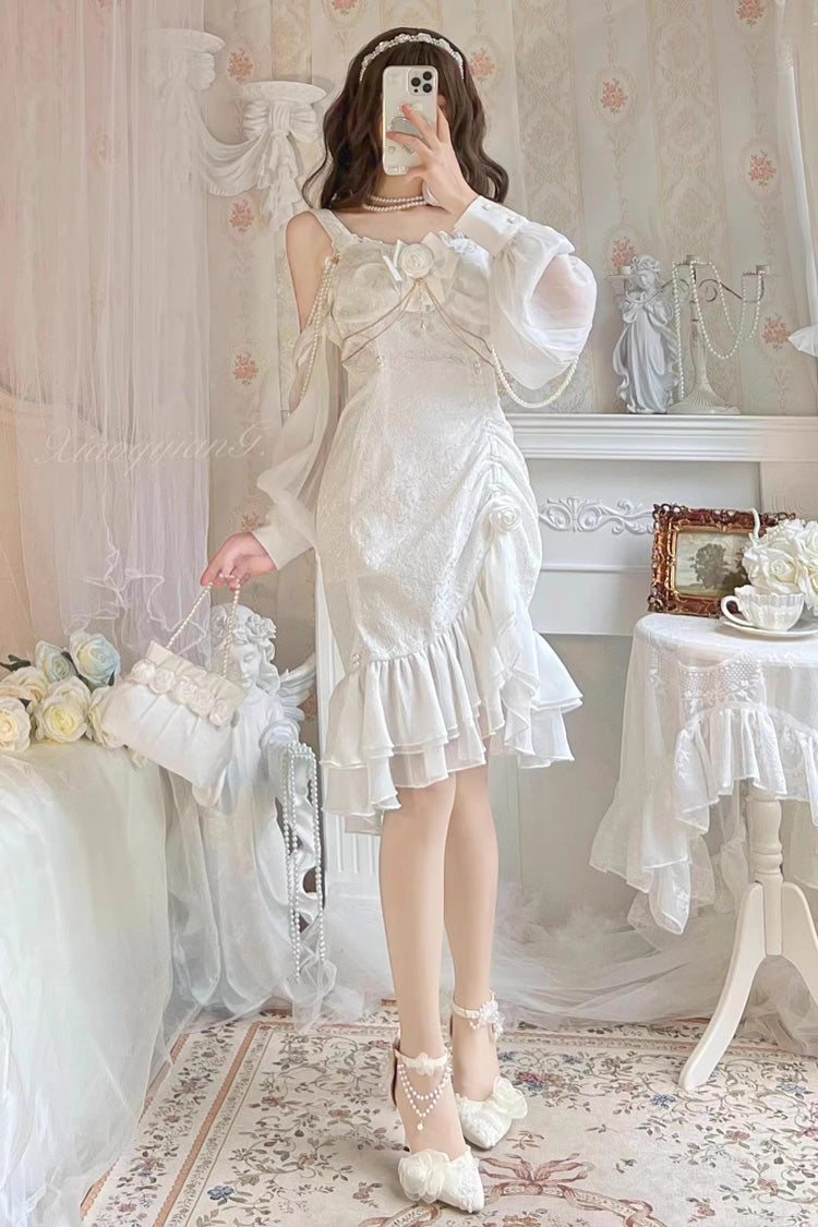 Lolita JSK Dress - Camellia 2.0, White, Fishtail Silhouette, Ruffled, Sweet Style - additional product view 4