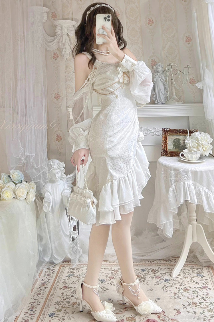 Lolita JSK Dress - Camellia 2.0, White, Fishtail Silhouette, Ruffled, Sweet Style - main product image