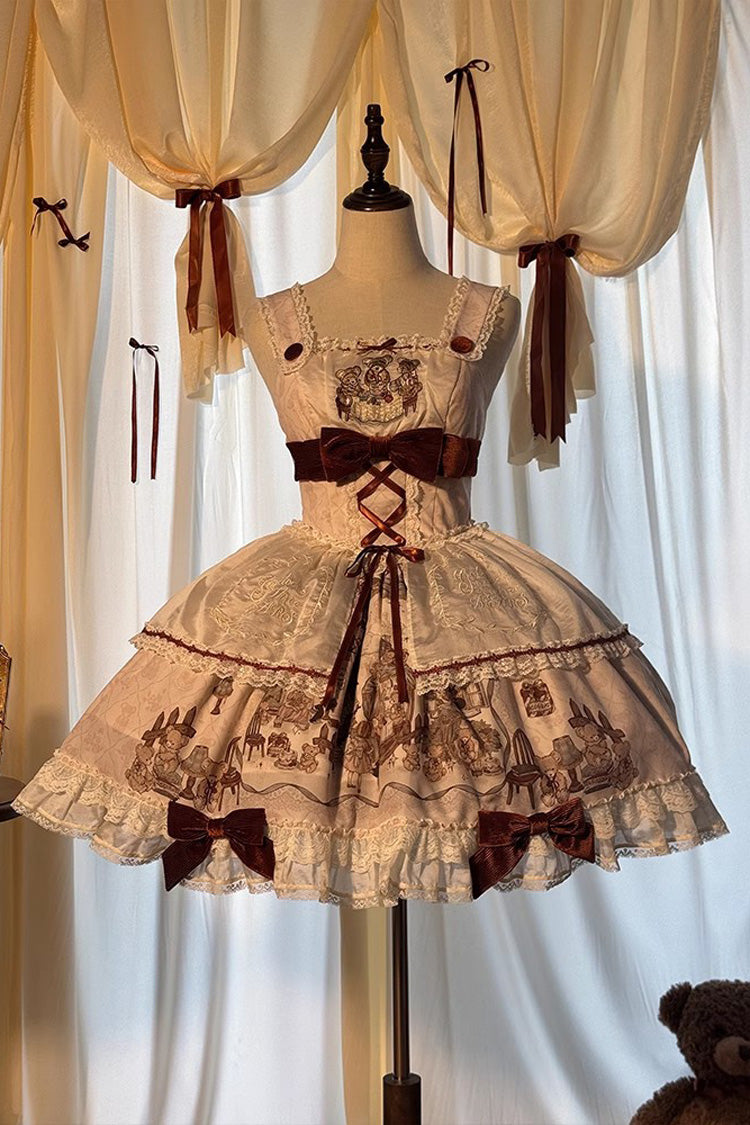 Lolita JSK Dress - Castle Bear, 4 Colors, Printed, Sweet Style, Bow Detail - XS Ivory / S Ivory / M Ivory option