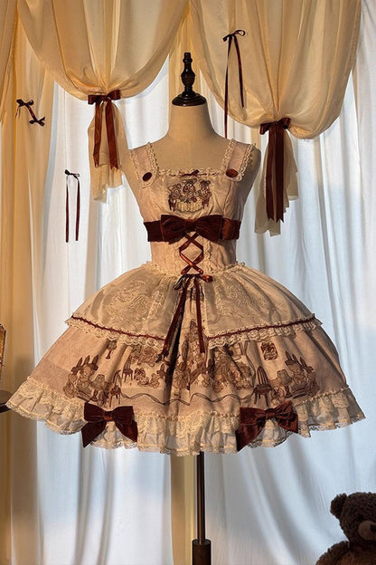 Lolita JSK Dress - Castle Bear, 4 Colors, Printed, Sweet Style, Bow Detail - XS Ivory / S Ivory / M Ivory option