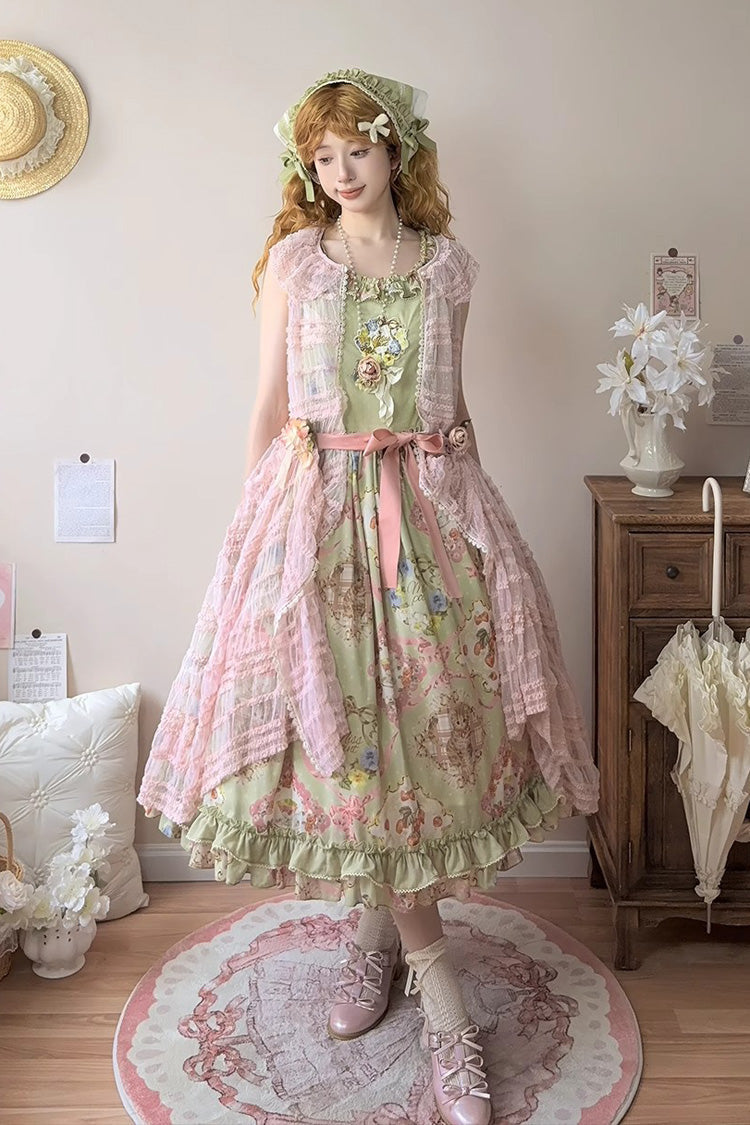 Lolita JSK Dress - Cat Rose Tea, Green, Printed, Sweet Style, Bow Detail - additional product view 2