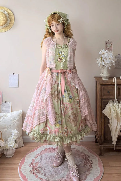 Lolita JSK Dress - Cat Rose Tea, Green, Printed, Sweet Style, Bow Detail - additional product view 2