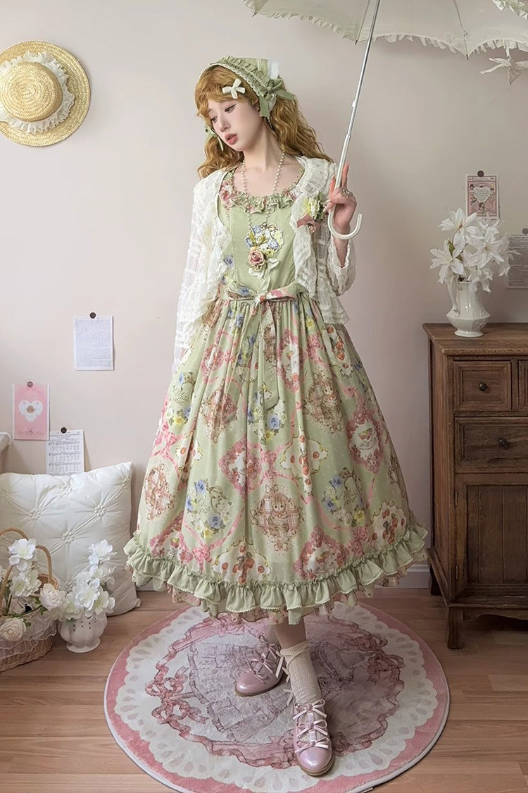 Lolita JSK Dress - Cat Rose Tea, Green, Printed, Sweet Style, Bow Detail - additional product view 3