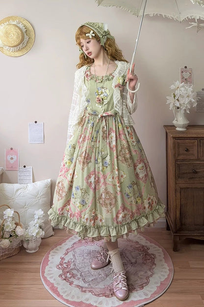 Lolita JSK Dress - Cat Rose Tea, Green, Printed, Sweet Style, Bow Detail - additional product view 3