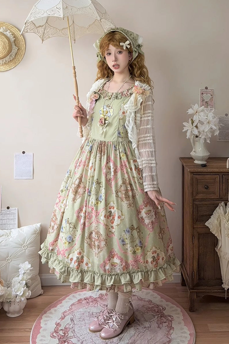Lolita JSK Dress - Cat Rose Tea, Green, Printed, Sweet Style, Bow Detail - additional product view 4