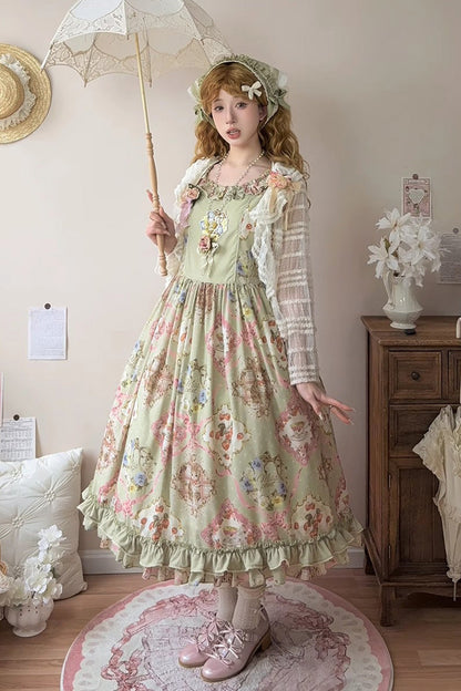 Lolita JSK Dress - Cat Rose Tea, Green, Printed, Sweet Style, Bow Detail - additional product view 4