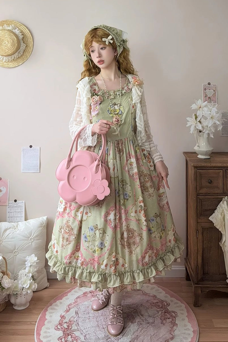 Lolita JSK Dress - Cat Rose Tea, Green, Printed, Sweet Style, Bow Detail - additional product view 5