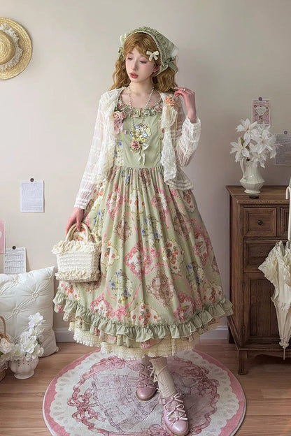 Lolita JSK Dress - Cat Rose Tea, Green, Printed, Sweet Style, Bow Detail - additional product view 6
