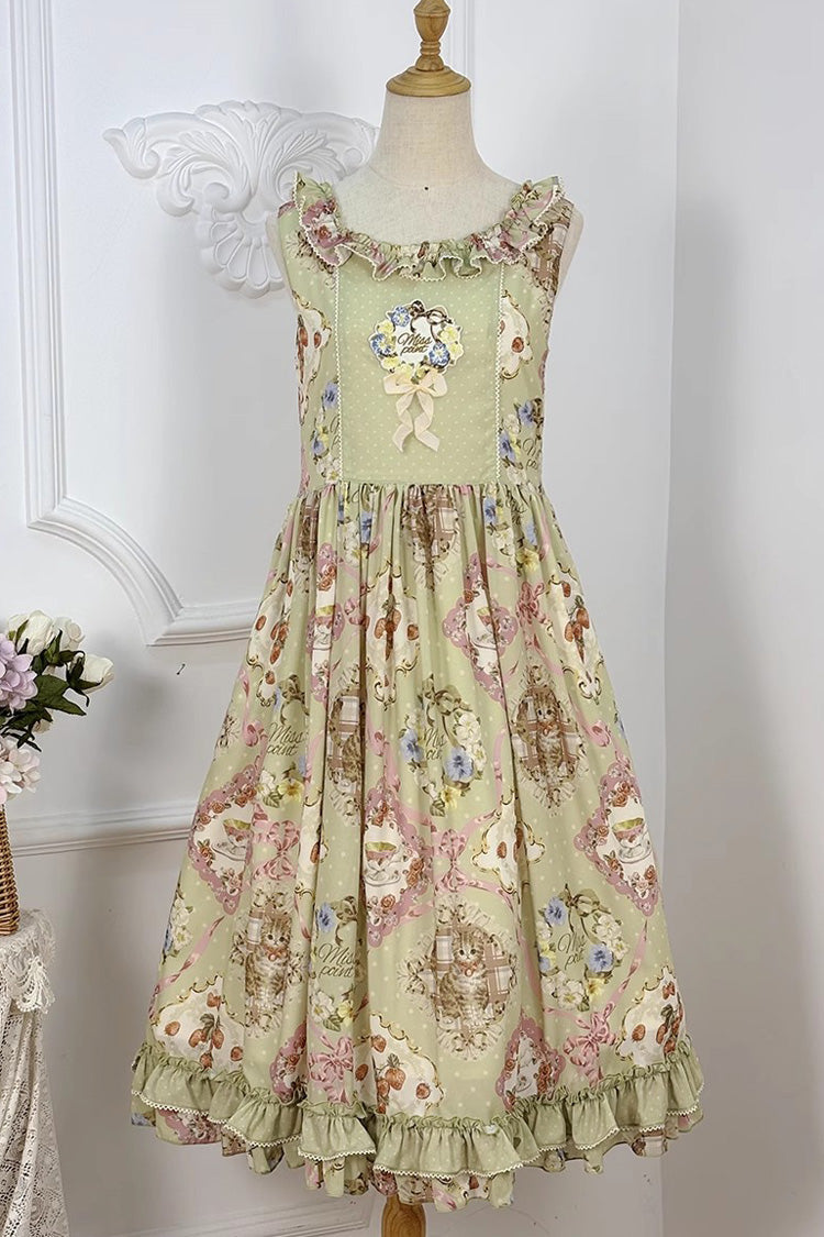 Lolita JSK Dress - Cat Rose Tea, Green, Printed, Sweet Style, Bow Detail - additional product view 7