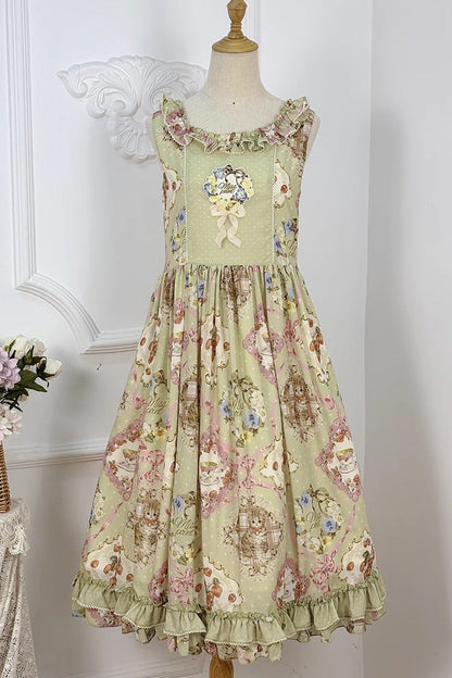 Lolita JSK Dress - Cat Rose Tea, Green, Printed, Sweet Style, Bow Detail - additional product view 7