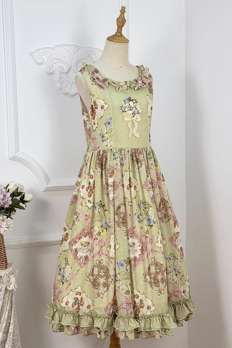 Lolita JSK Dress - Cat Rose Tea, Green, Printed, Sweet Style, Bow Detail - additional product view 8