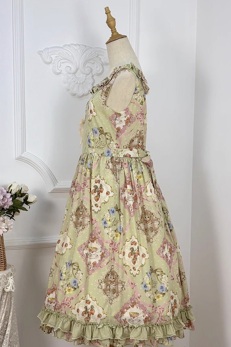 Lolita JSK Dress - Cat Rose Tea, Green, Printed, Sweet Style, Bow Detail - additional product view 9