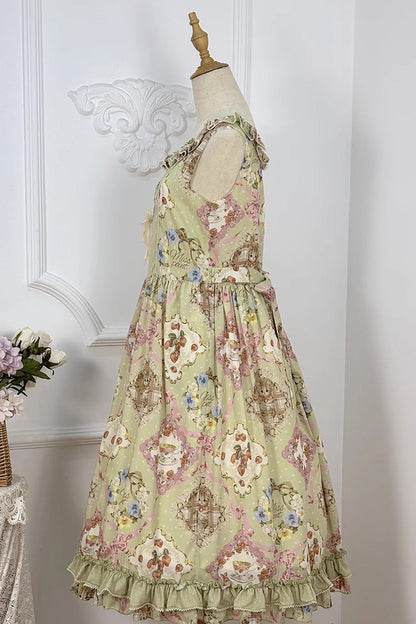 Lolita JSK Dress - Cat Rose Tea, Green, Printed, Sweet Style, Bow Detail - additional product view 9