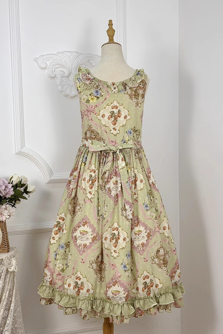 Lolita JSK Dress - Cat Rose Tea, Green, Printed, Sweet Style, Bow Detail - additional product view 10