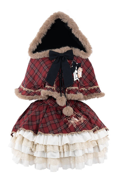 Lolita JSK Dress - Chestnut Bear Cocoa, Red, Plaid, Sweet Style, Bow Detail - additional product view 3