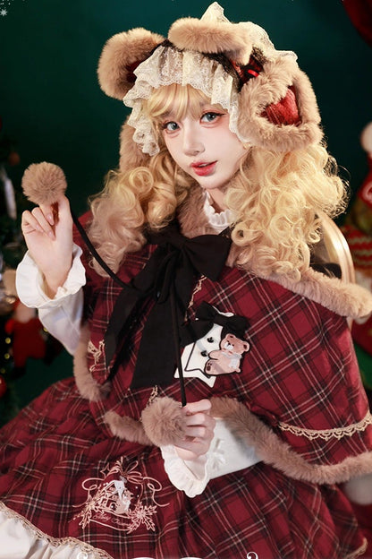 Lolita JSK Dress - Chestnut Bear Cocoa, Red, Plaid, Sweet Style, Bow Detail - additional product view 4