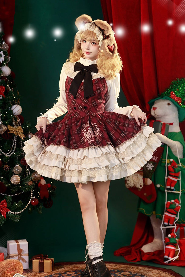 Lolita JSK Dress - Chestnut Bear Cocoa, Red, Plaid, Sweet Style, Bow Detail - additional product view 5