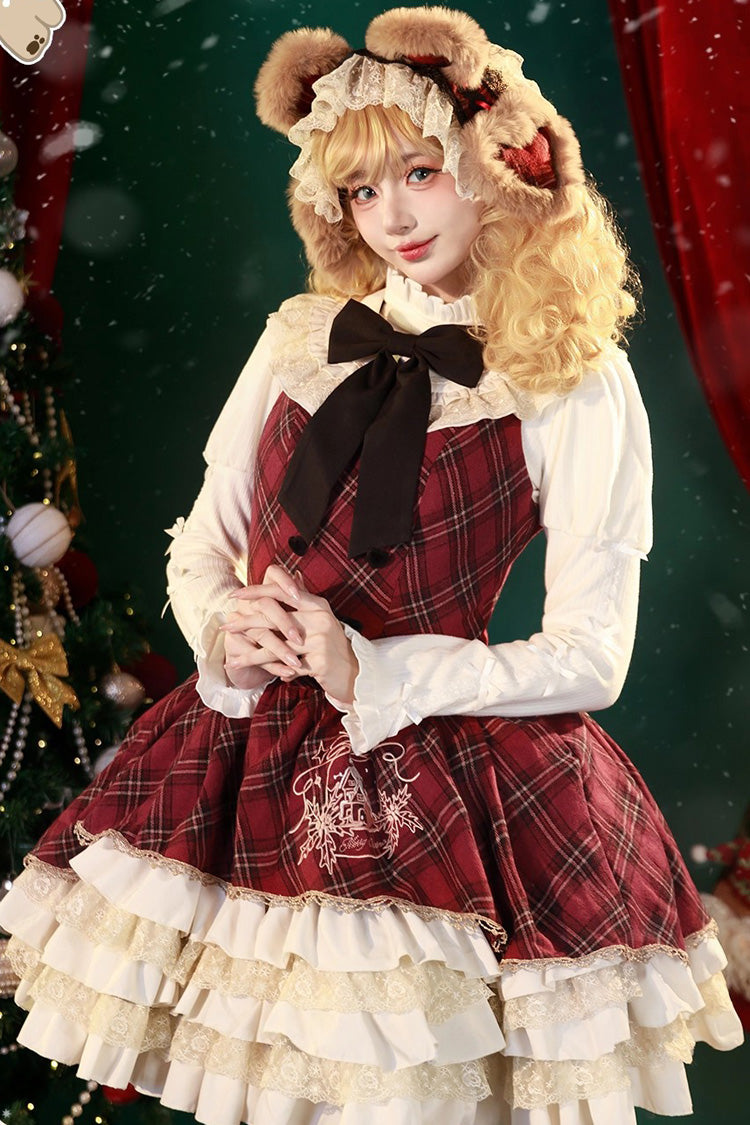 Lolita JSK Dress - Chestnut Bear Cocoa, Red, Plaid, Sweet Style, Bow Detail - additional product view 6